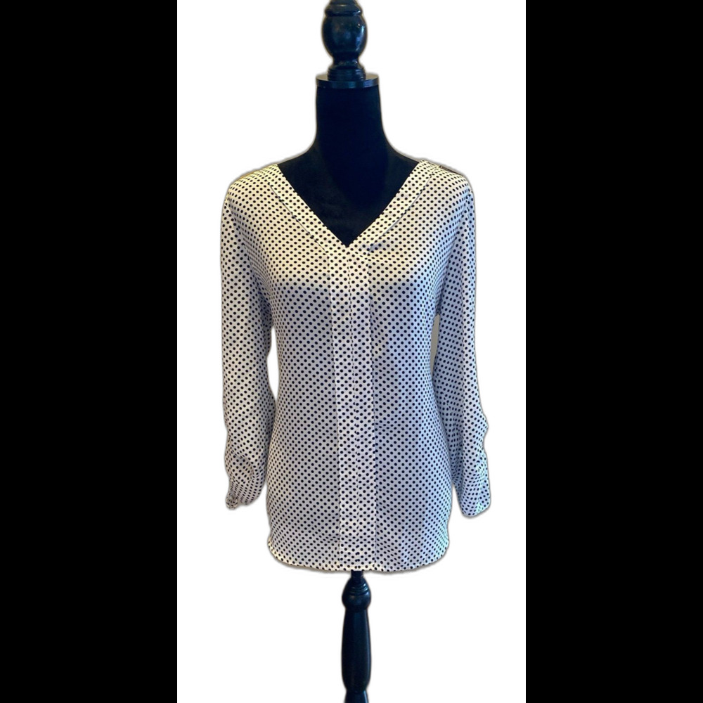 Zac &‎ Rachel Blouse Size Large White Black Polka Dots Gold @ Shoulder Dressy